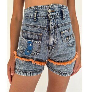 90s vintage blue acid wash denim funky fringed high waisted mini short shorts